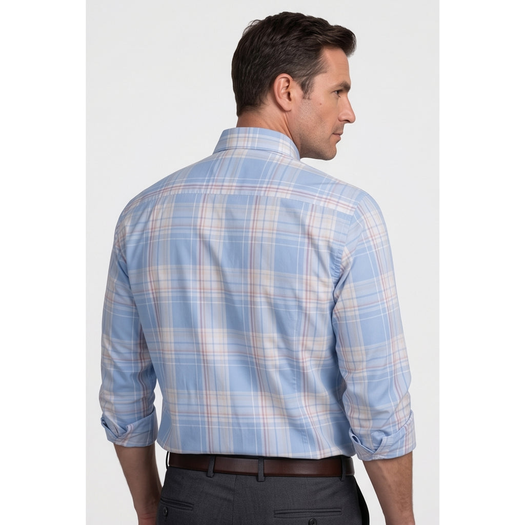 Calcani Men's Formal Shirt Sky Blue Peach Tan Large Plaid