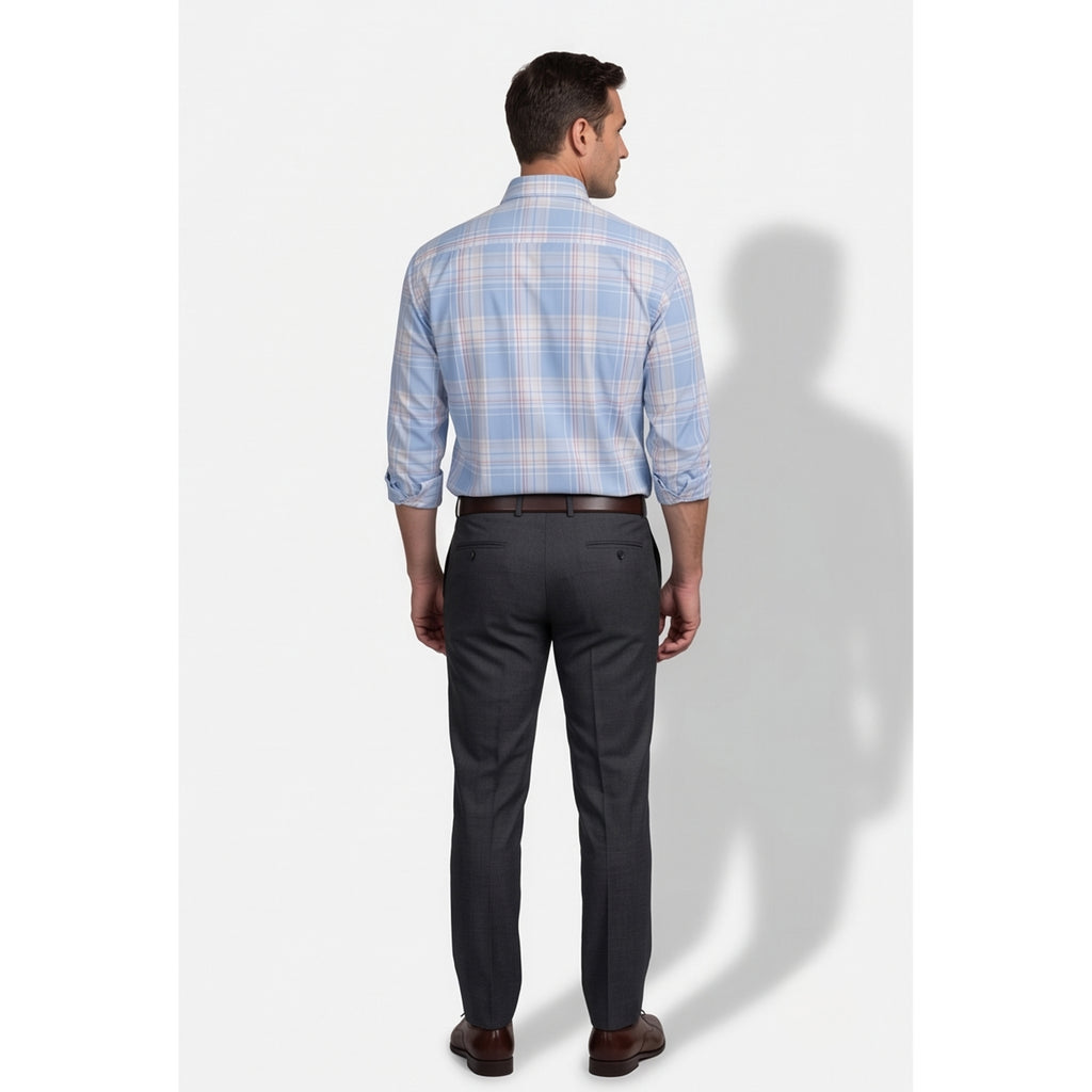 Calcani Men's Formal Shirt Sky Blue Peach Tan Large Plaid