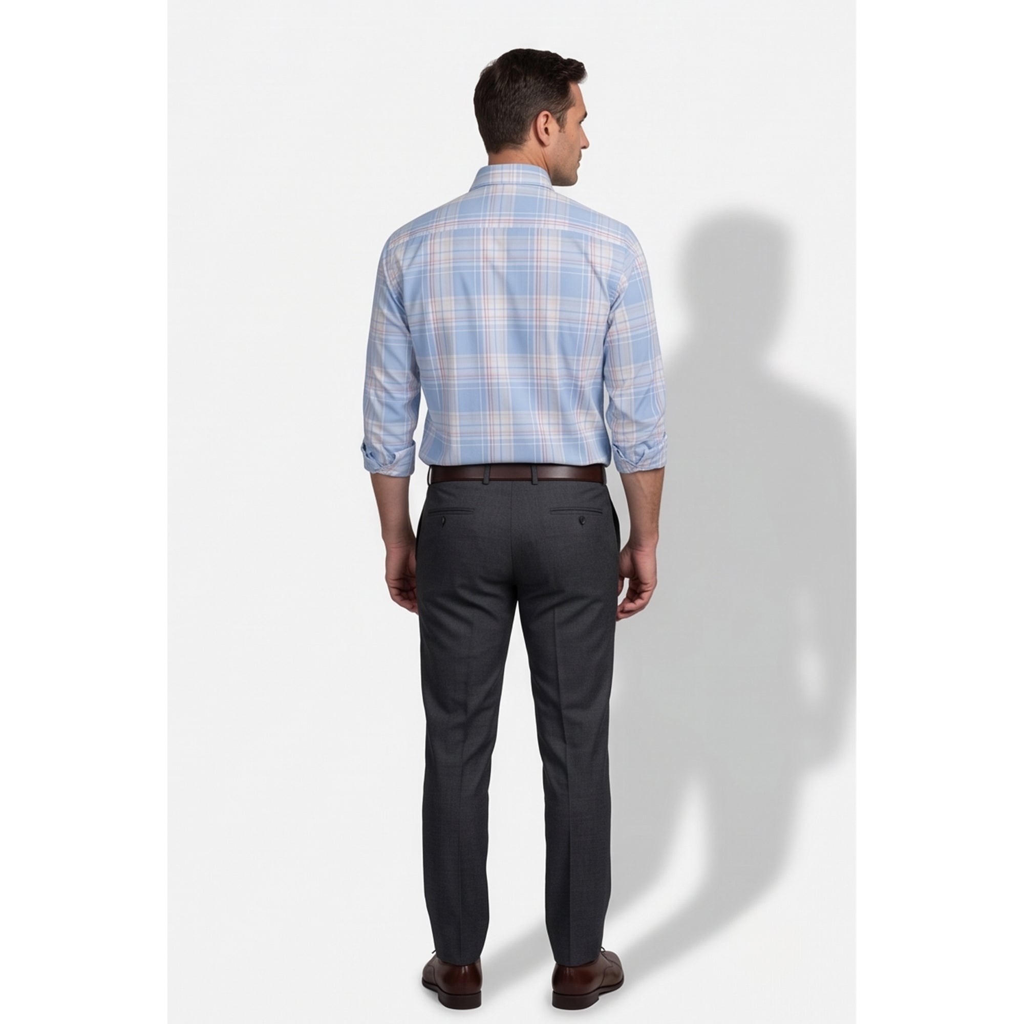 Calcani Men's Formal Shirt Sky Blue Peach Tan Large Plaid