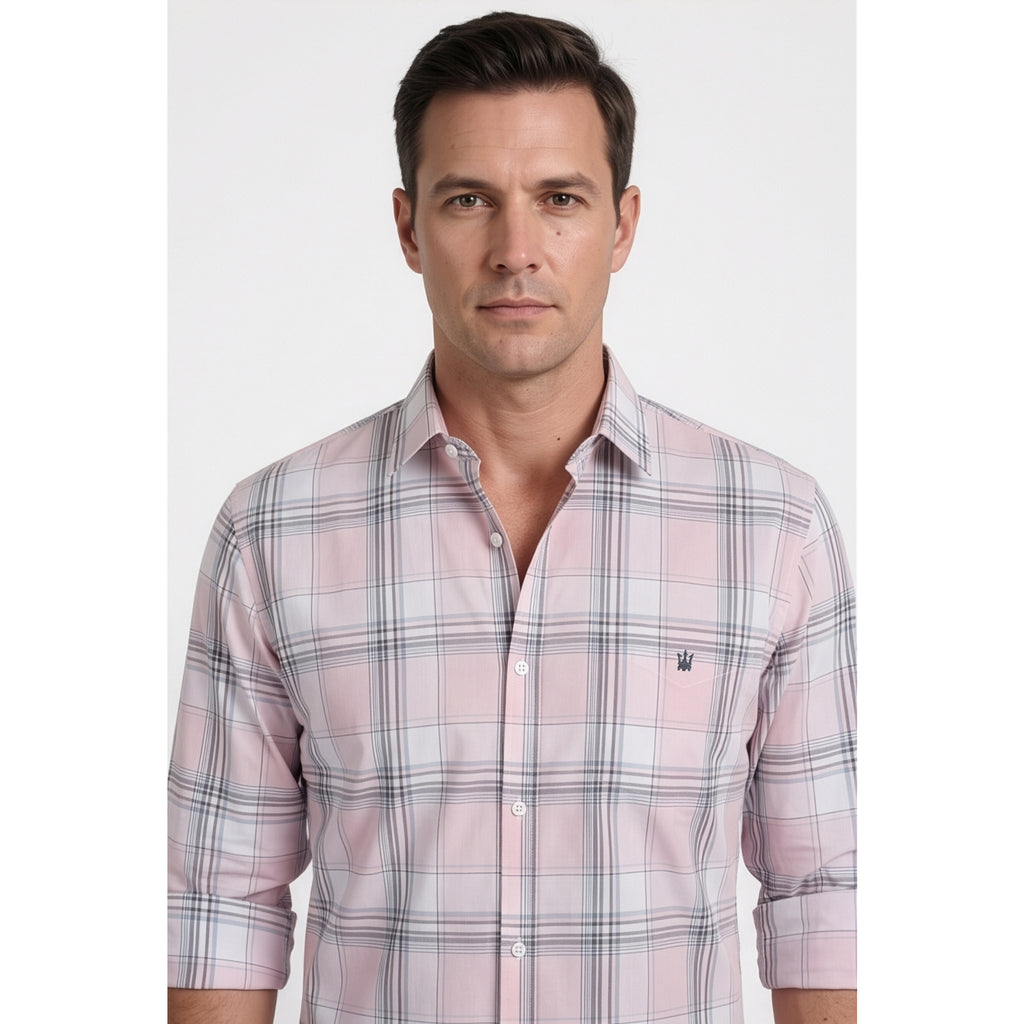 Calcani Men's Formal Shirt Blush Pink White Grey Large Windowpane