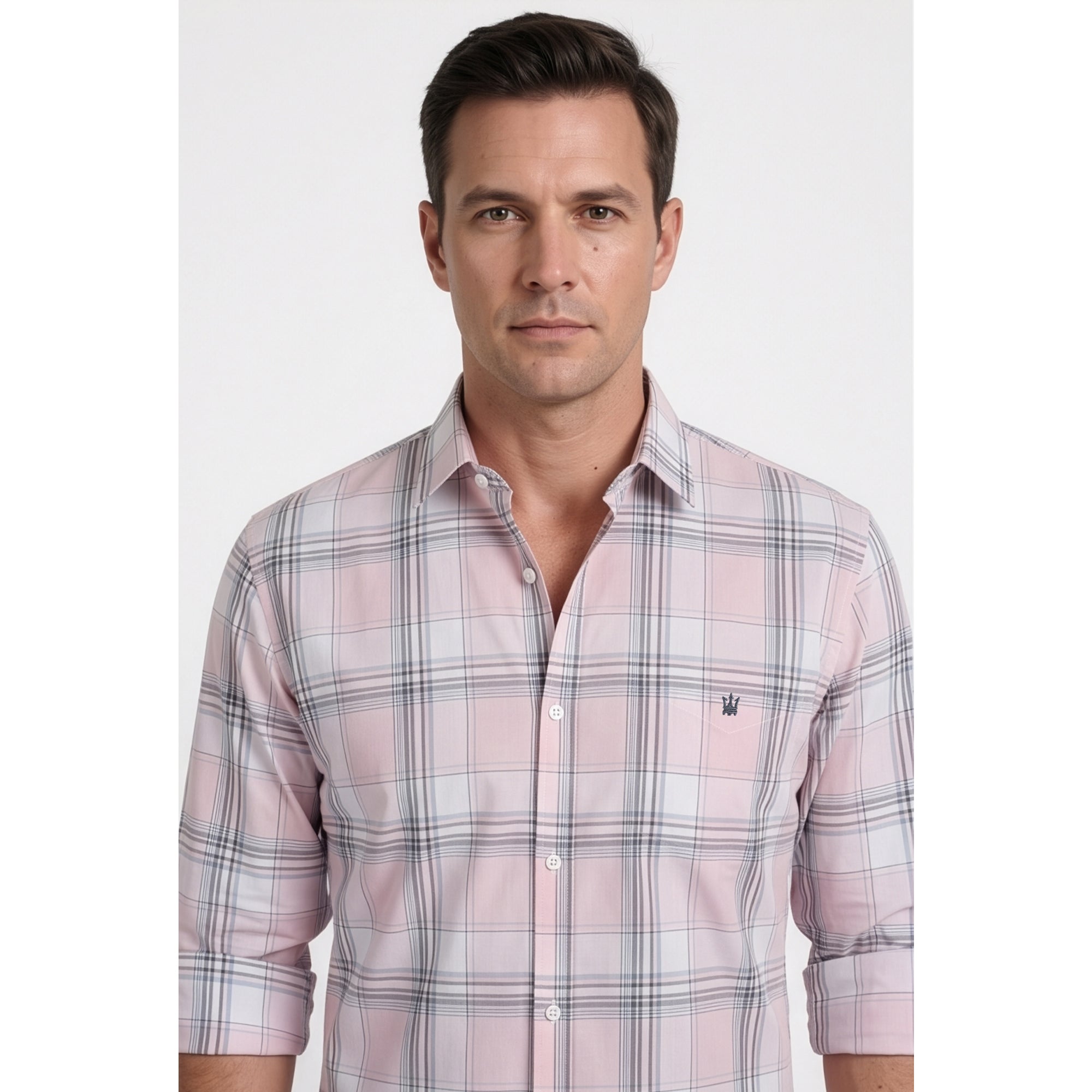Calcani Men's Formal Shirt Blush Pink White Grey Large Windowpane