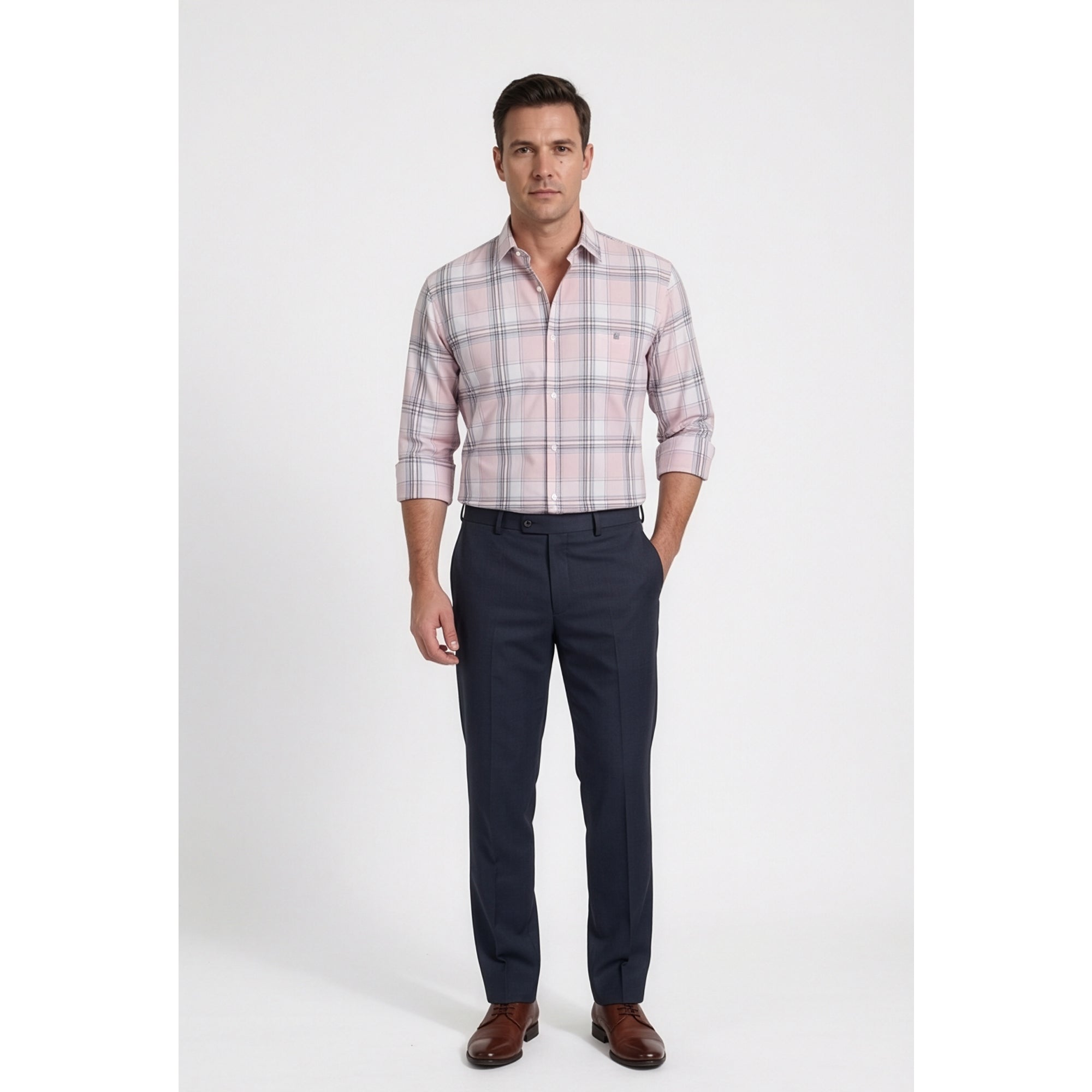 Calcani Men's Formal Shirt Blush Pink White Grey Large Windowpane