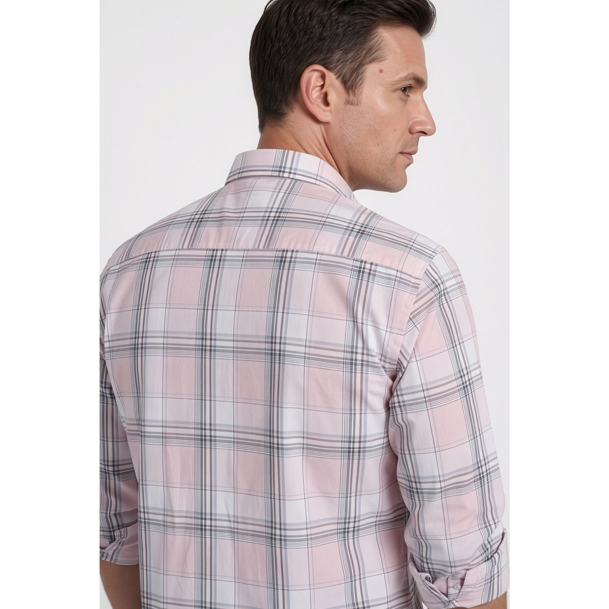 Calcani Men's Formal Shirt Blush Pink White Grey Large Windowpane