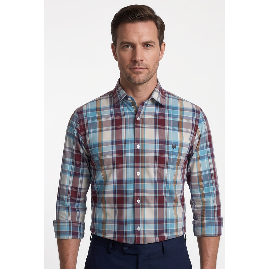Calcani Men's Formal Shirt Burgundy Sky Blue Cream Tan Large Plaid