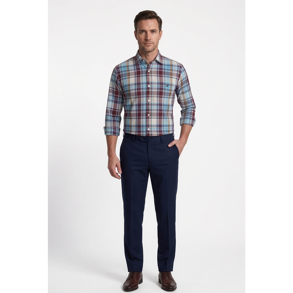 Calcani Men's Formal Shirt Burgundy Sky Blue Cream Tan Large Plaid