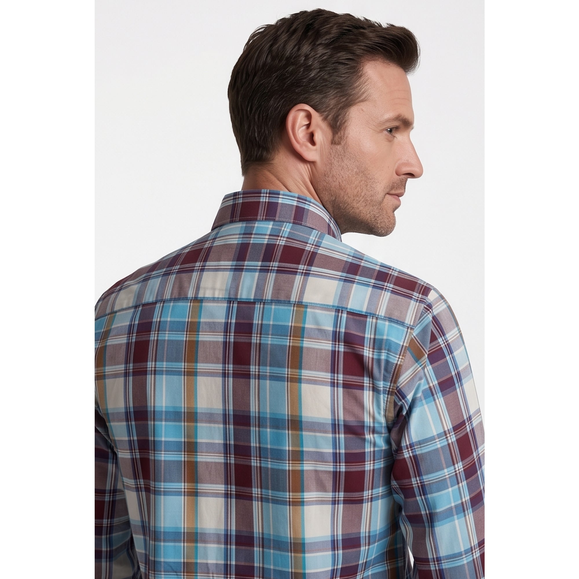 Calcani Men's Formal Shirt Burgundy Sky Blue Cream Tan Large Plaid