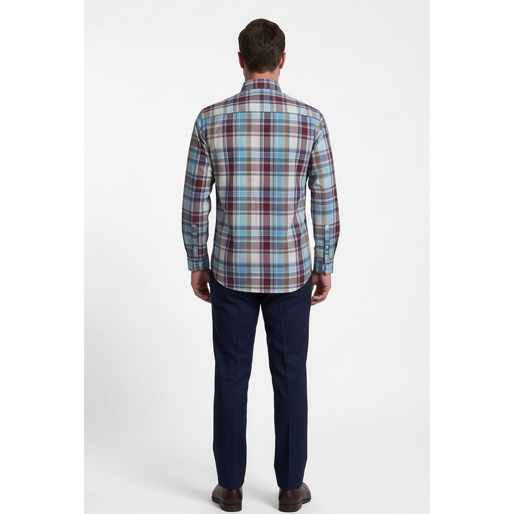 Calcani Men's Formal Shirt Burgundy Sky Blue Cream Tan Large Plaid