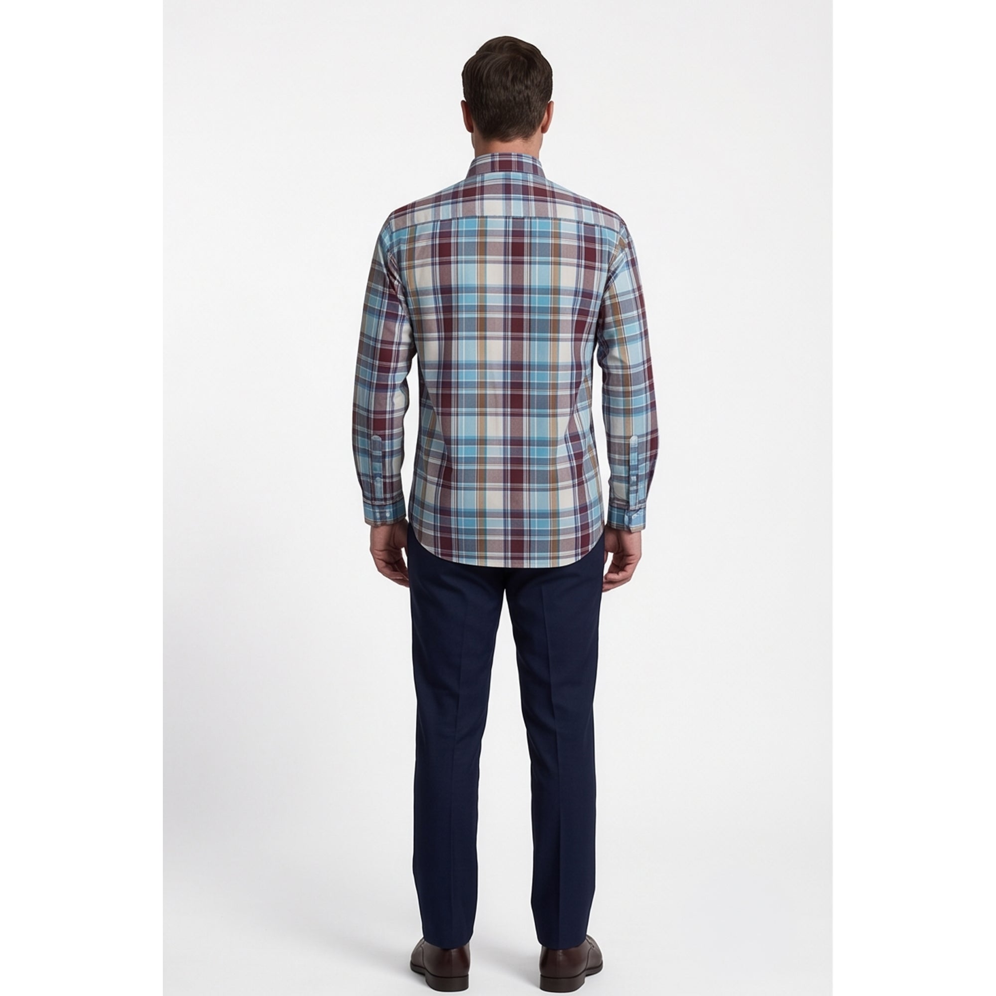 Calcani Men's Formal Shirt Burgundy Sky Blue Cream Tan Large Plaid