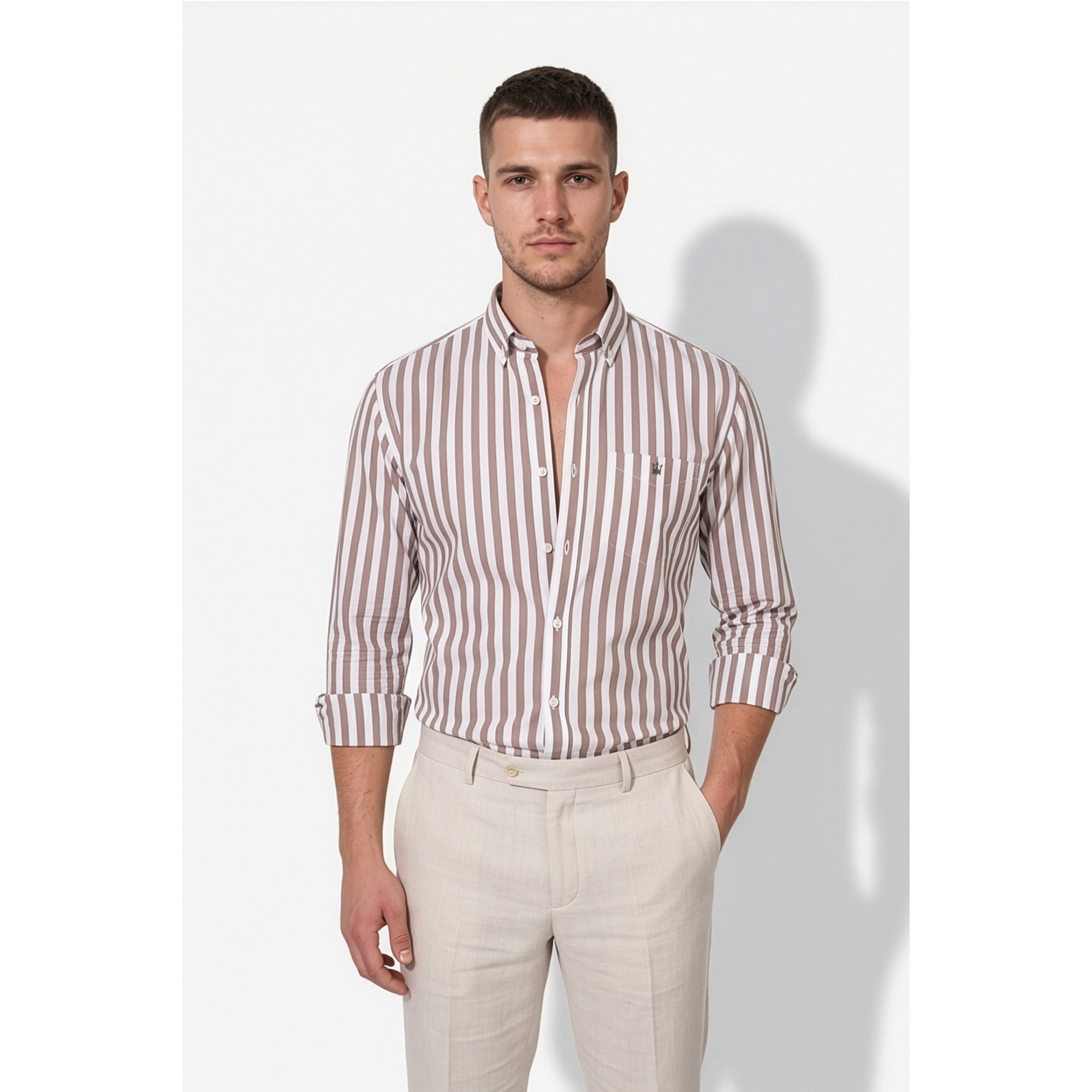 Calcani Men's Formal Shirt Taupe Stripe