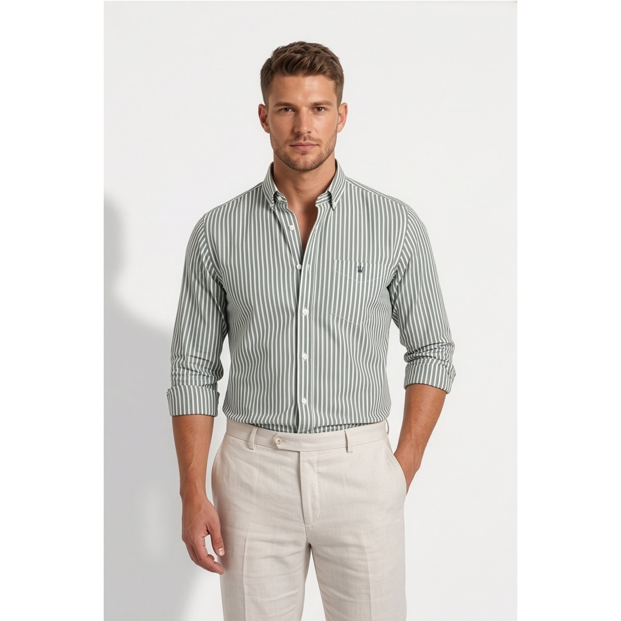 Calcani Men's Formal Shirt Olive Grey Stripe