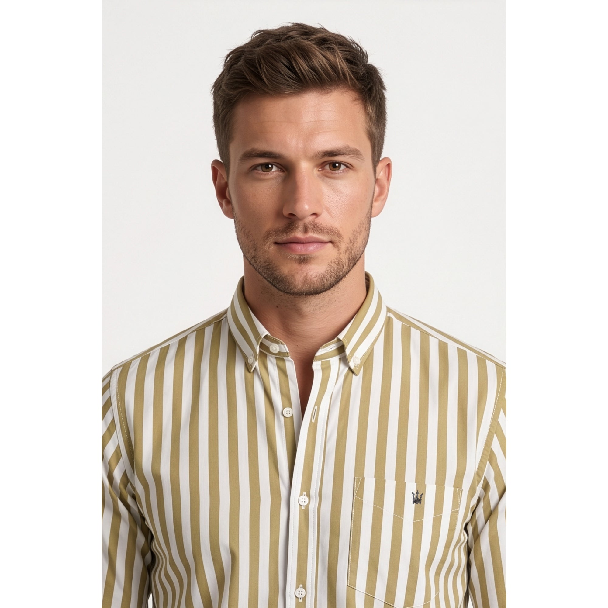 Calcani Men's Formal Shirt Olive Khaki Stripe
