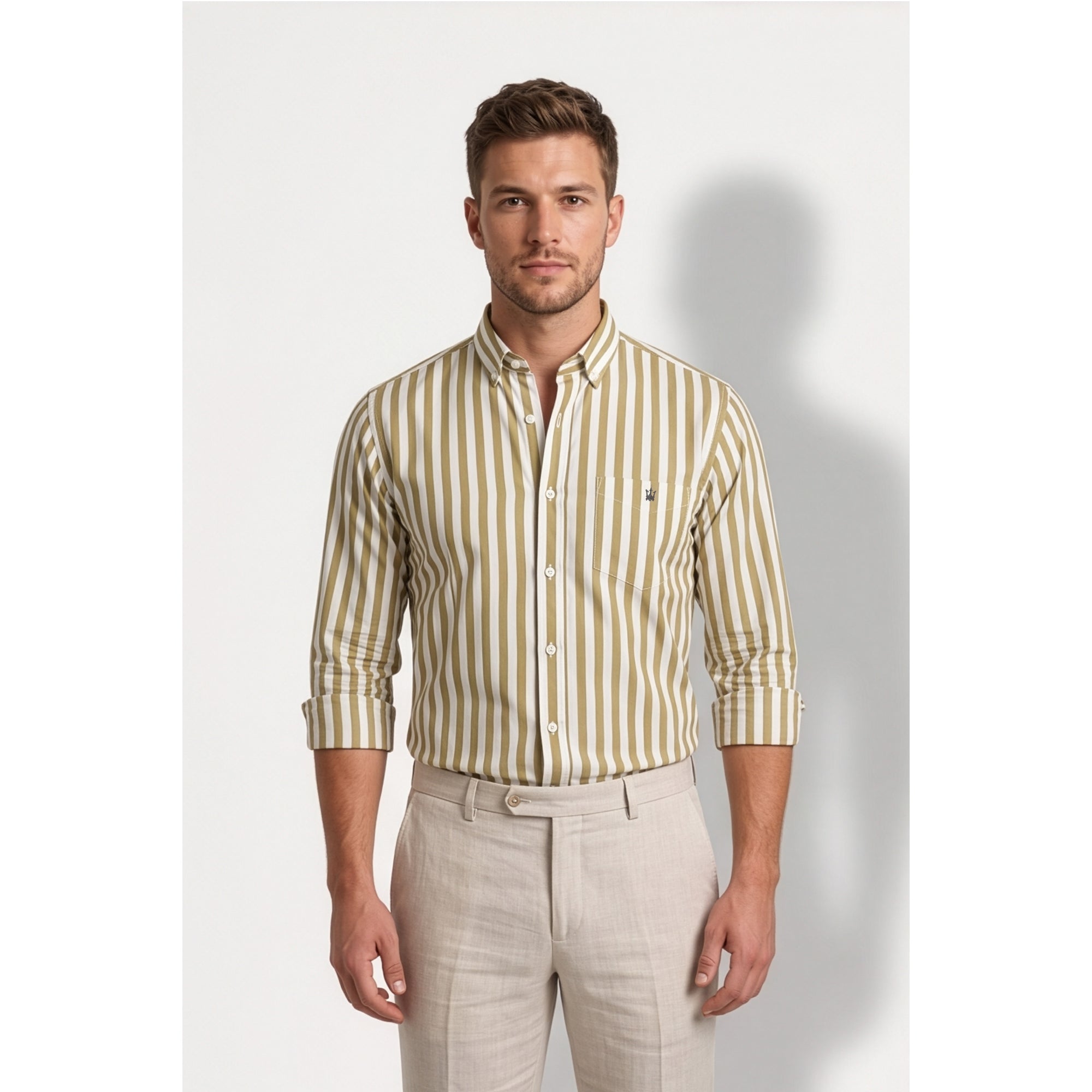 Calcani Men's Formal Shirt Olive Khaki Stripe