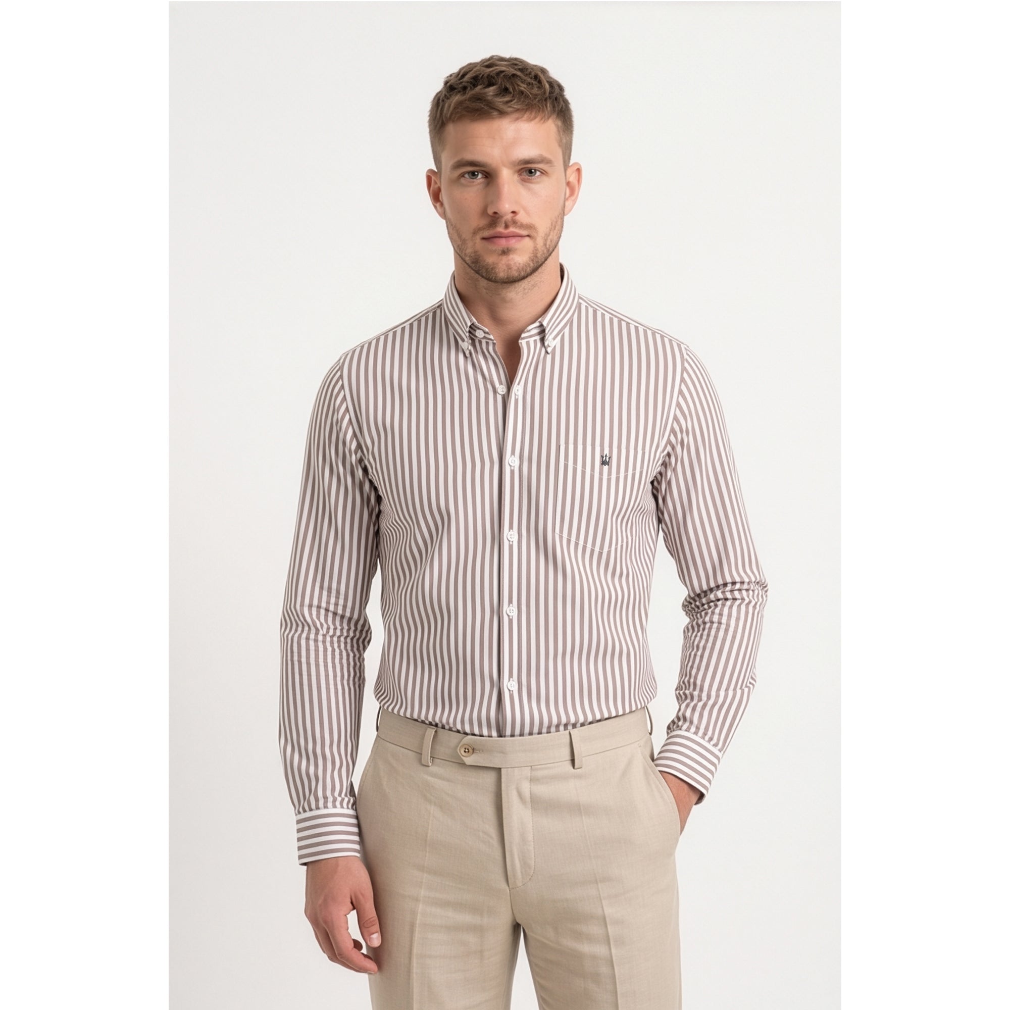 Calcani Men's Formal Shirt Mocha Brown Stripe