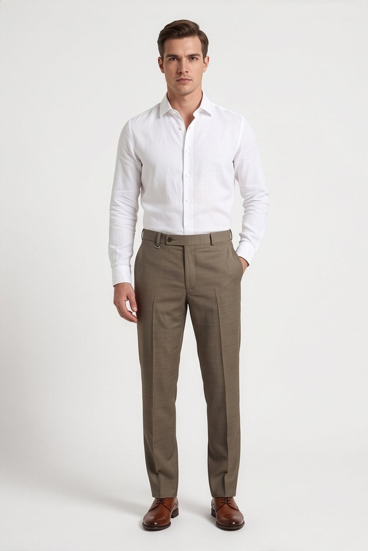 Calcani Men's Formal Pant Mocha Brown – Full Length Front View with White Shirt