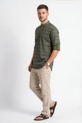 Olive-green printed short kurta, front view