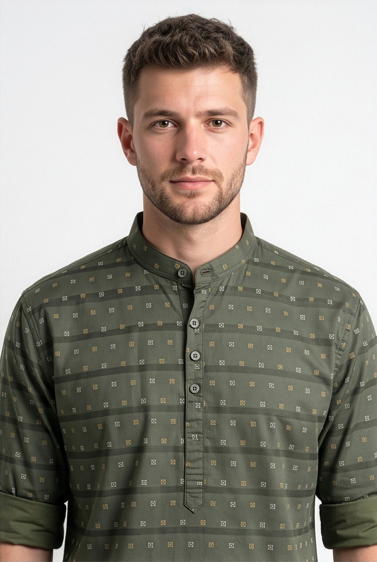 Olive-green printed short kurta, back view