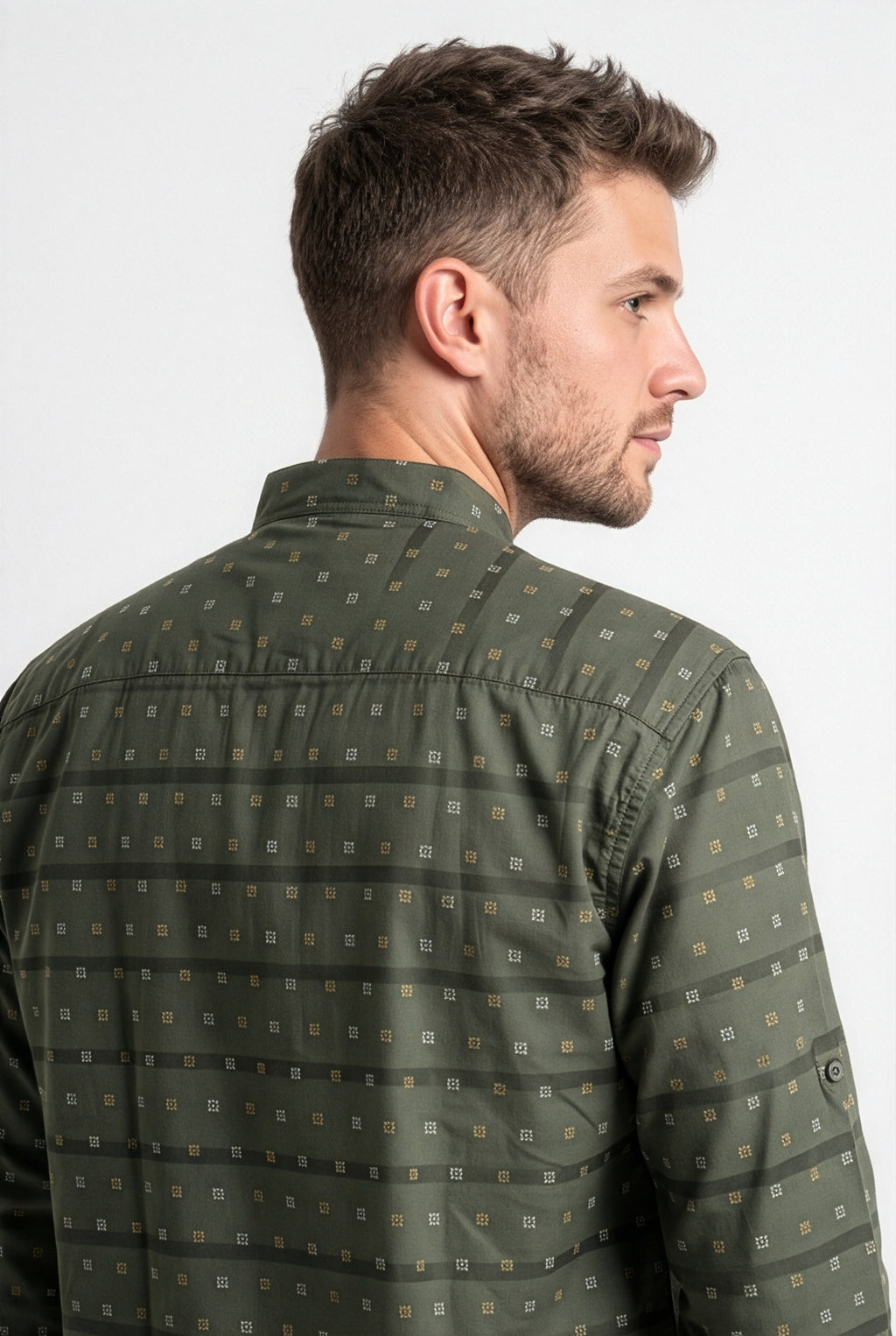 Olive-green printed short kurta, three-quarter view