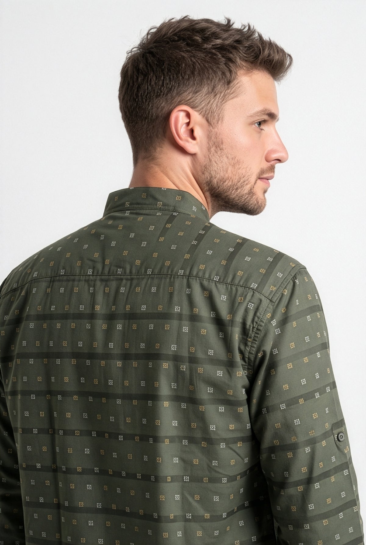 Olive-green printed short kurta, three-quarter view