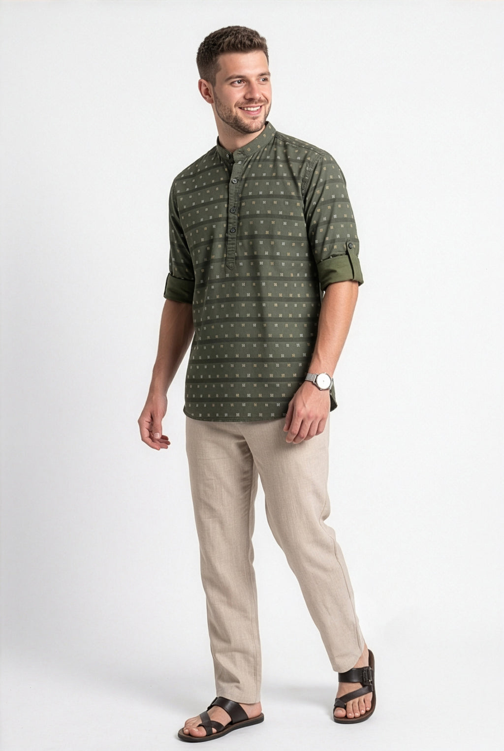 Olive-green printed short kurta, collar and print detail