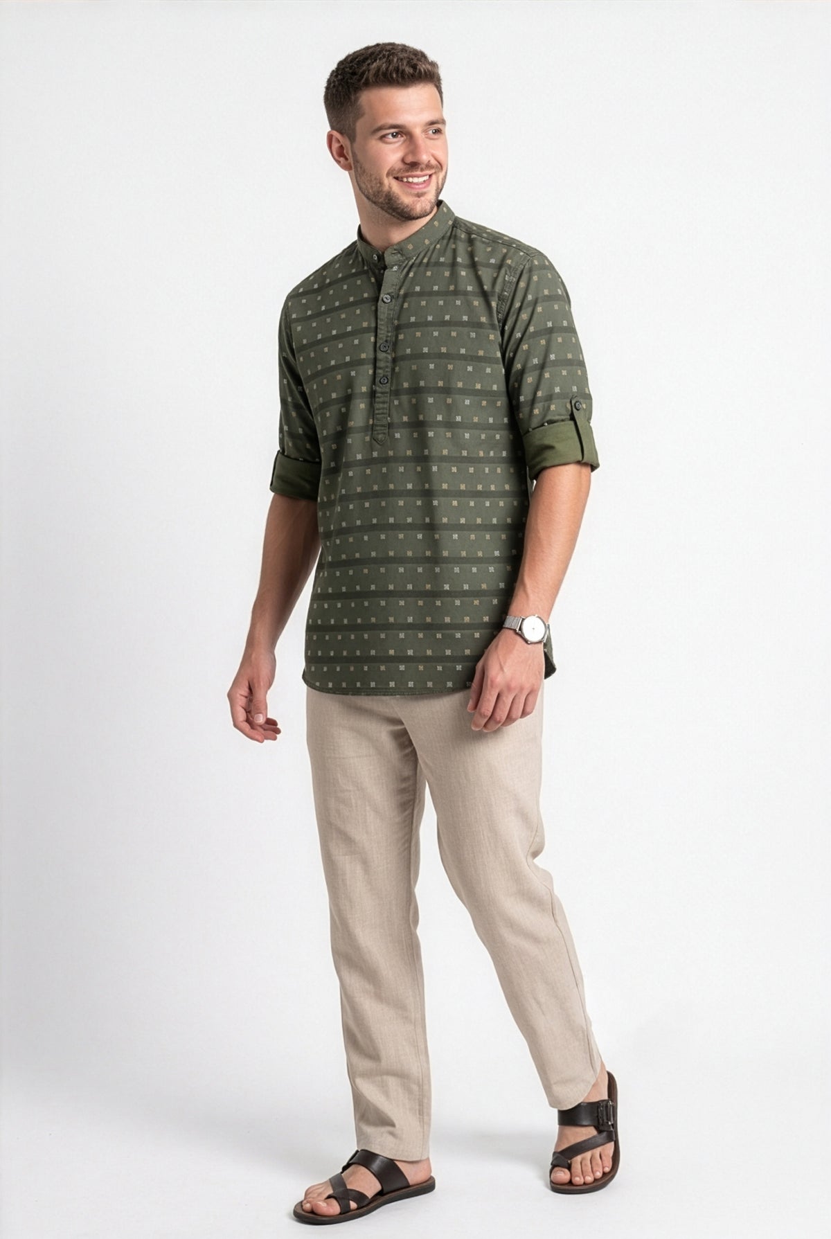 Olive-green printed short kurta, collar and print detail