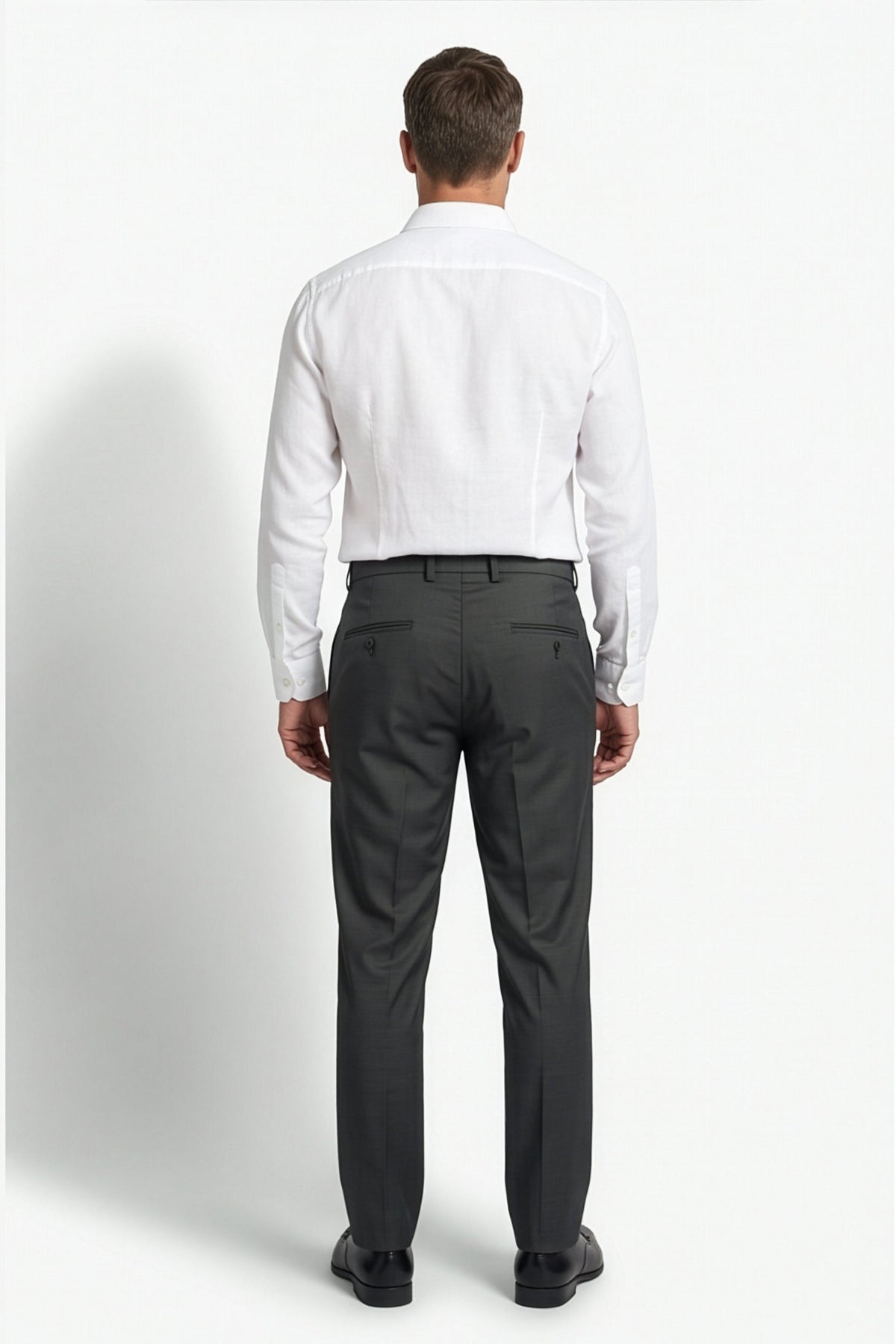 Calcani Men's Trouser Dark Charcoal Texture – Full Length Back View with Double Welt Pockets