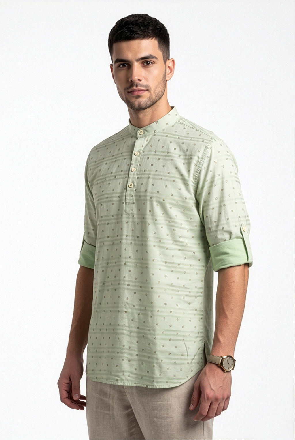 Light sage-green floral printed short kurta, three-quarter view
