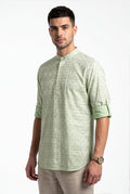 Light sage-green floral printed short kurta, three-quarter view