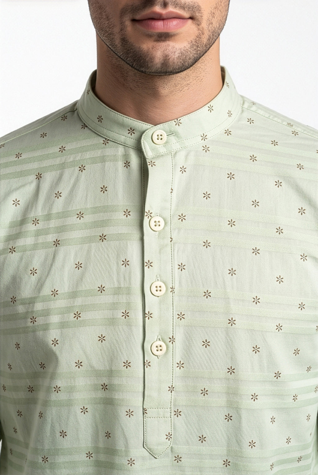 Light sage-green floral printed short kurta, front view