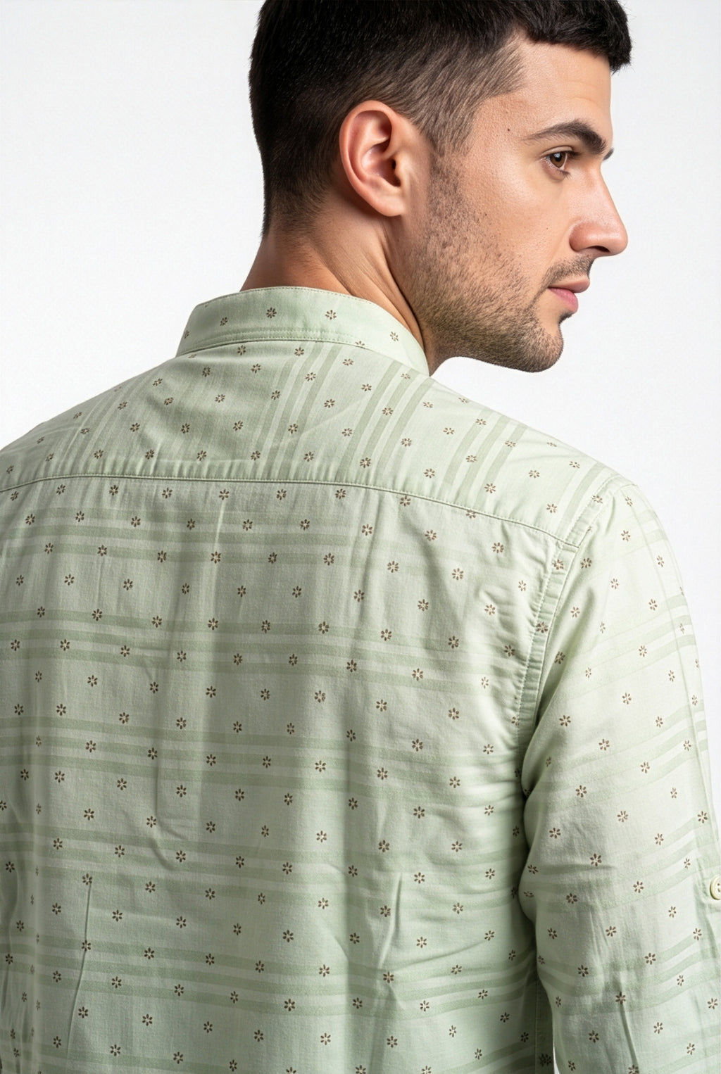 Light sage-green floral printed short kurta, back view