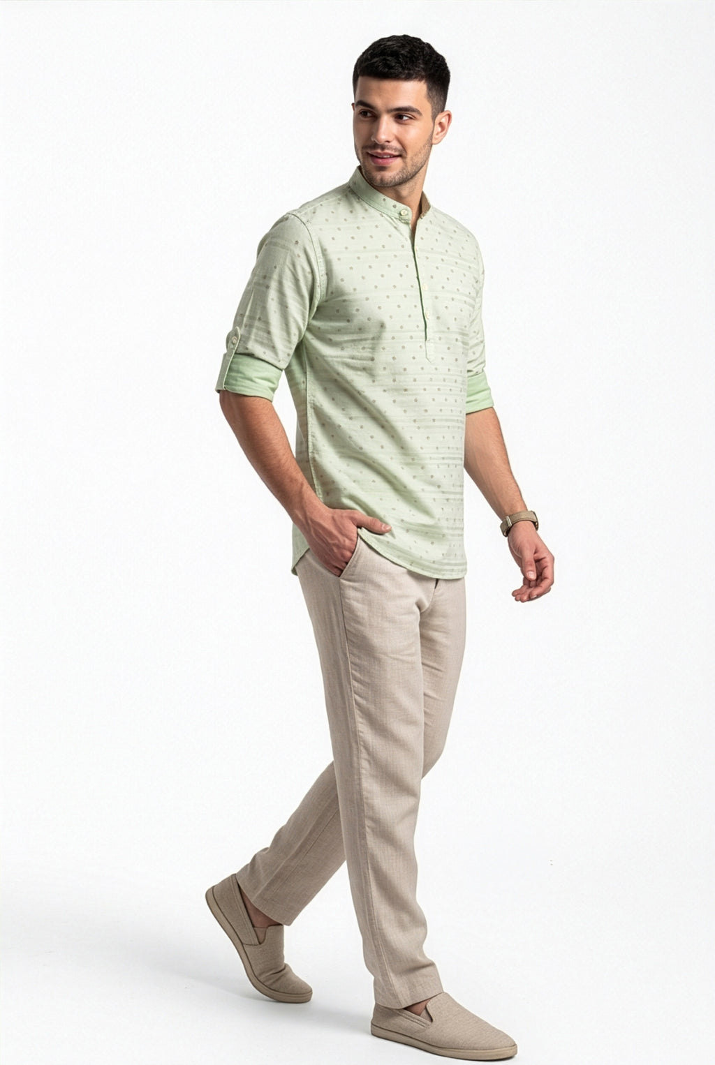 Light sage-green floral printed short kurta, collar and print detail
