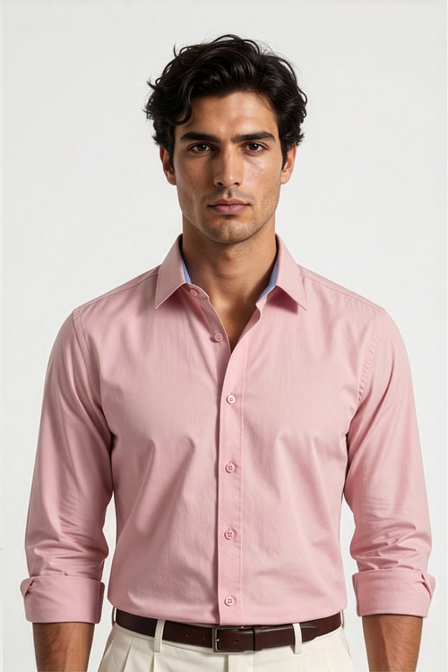 Americus Men's 80's Fine Cotton Plain Shirt Dusty Rose Pink – Back Close Up with Rolled Sleeves