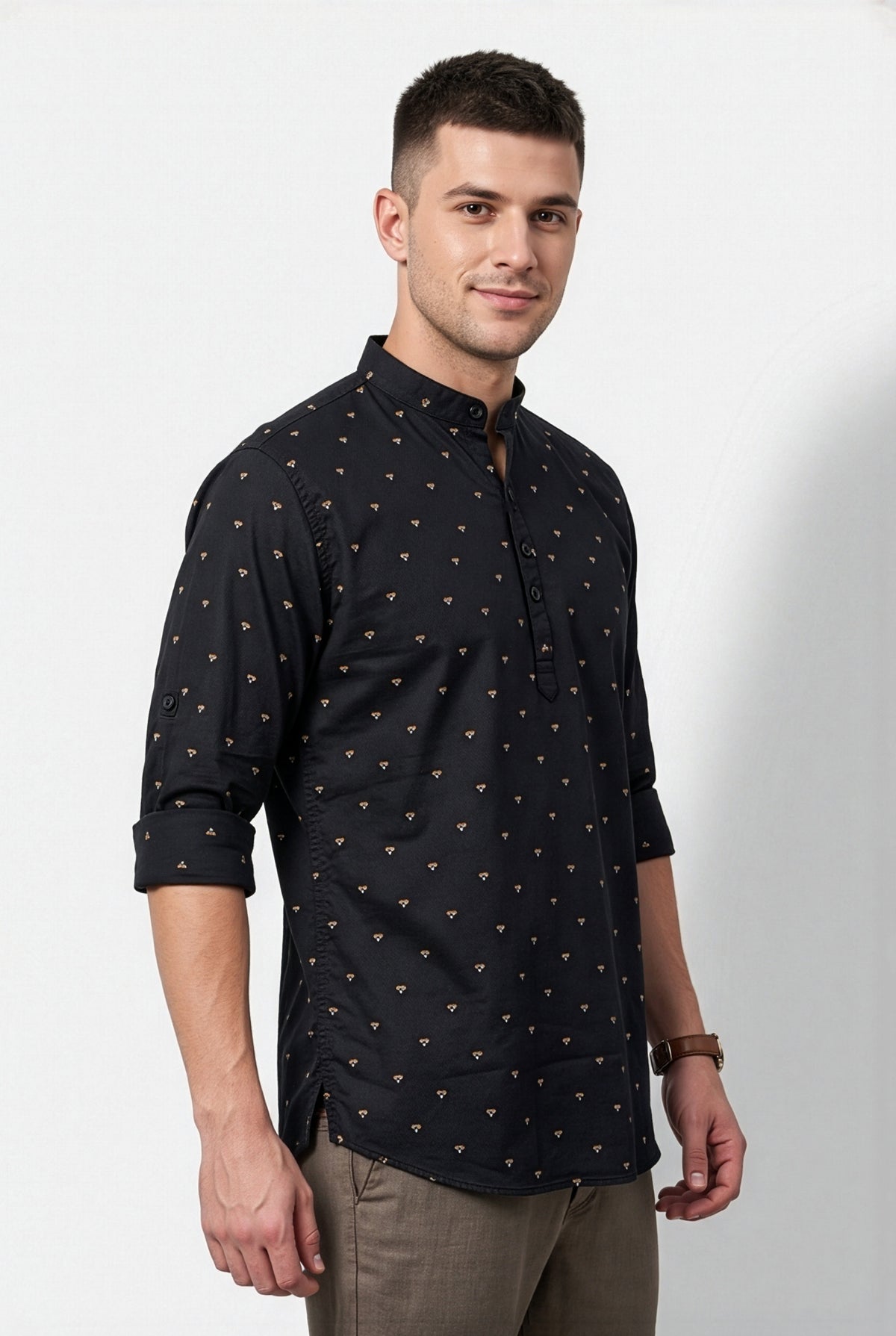 Black geometric printed short kurta, front view