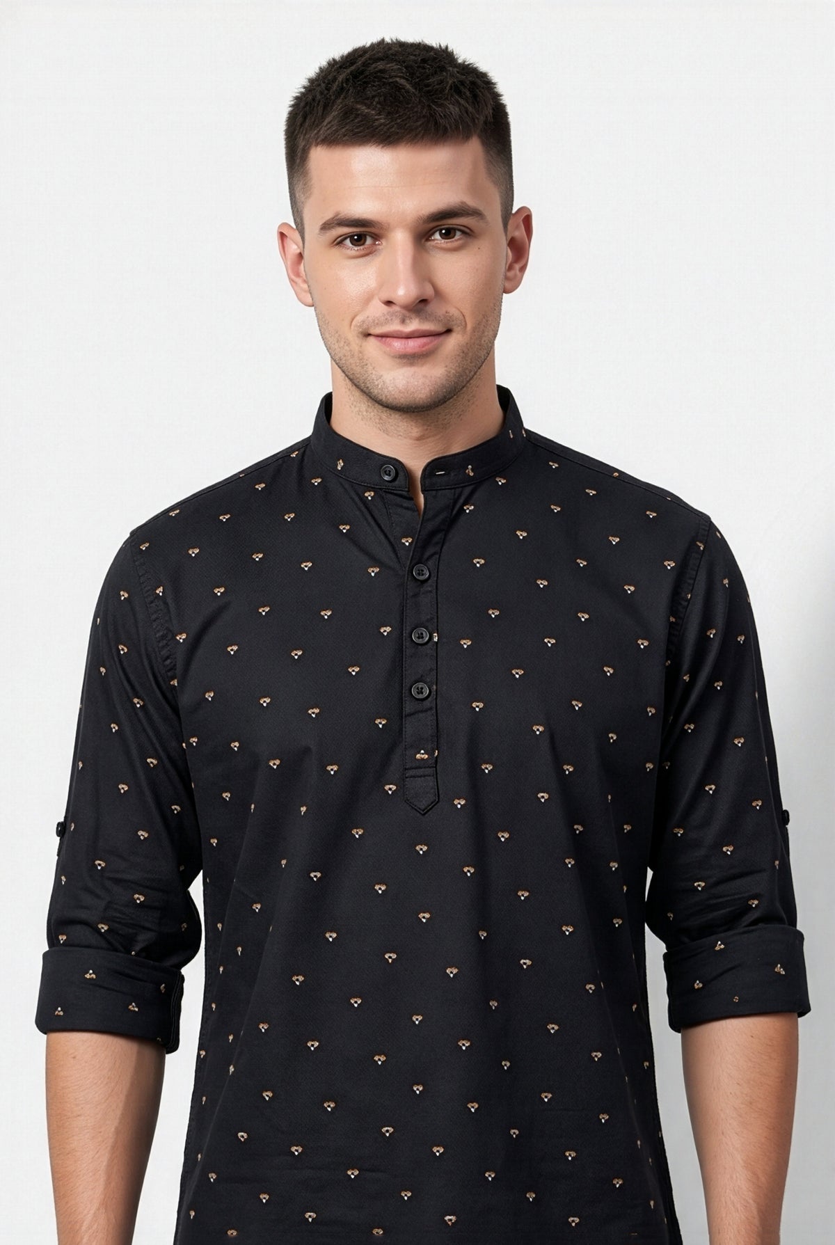 Black geometric printed short kurta, collar and print detail
