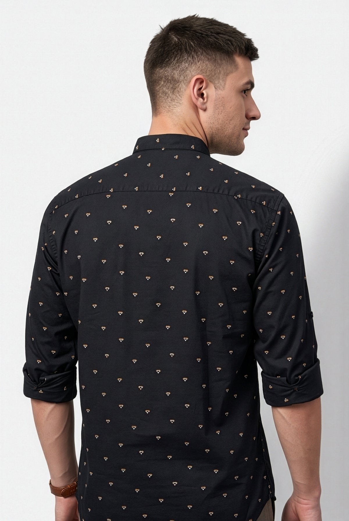 Black geometric printed short kurta, three-quarter view