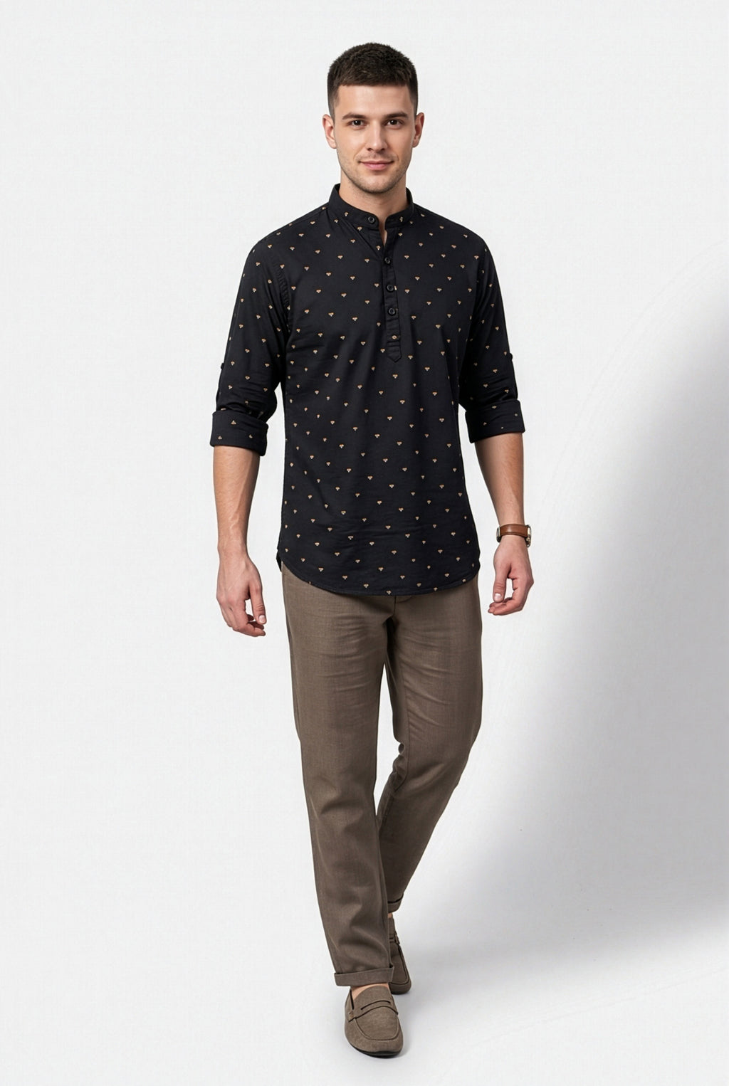Black geometric printed short kurta, back view