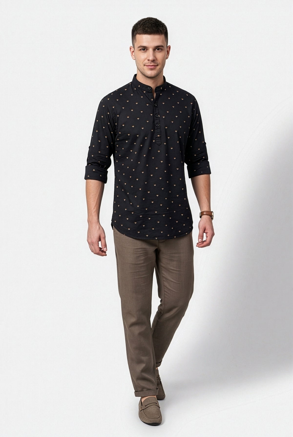 Black geometric printed short kurta, back view