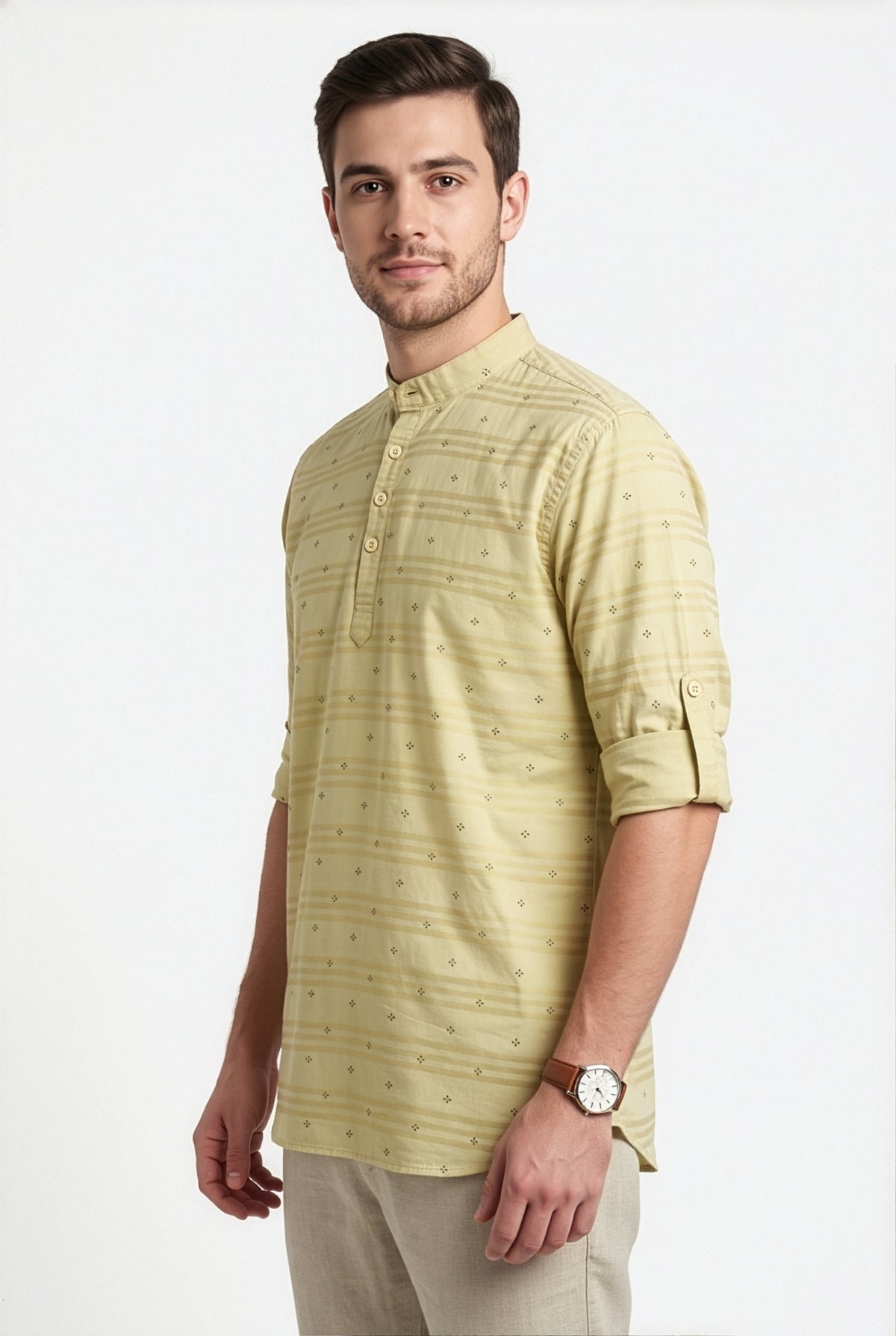 Pale yellow floral printed short kurta, front view