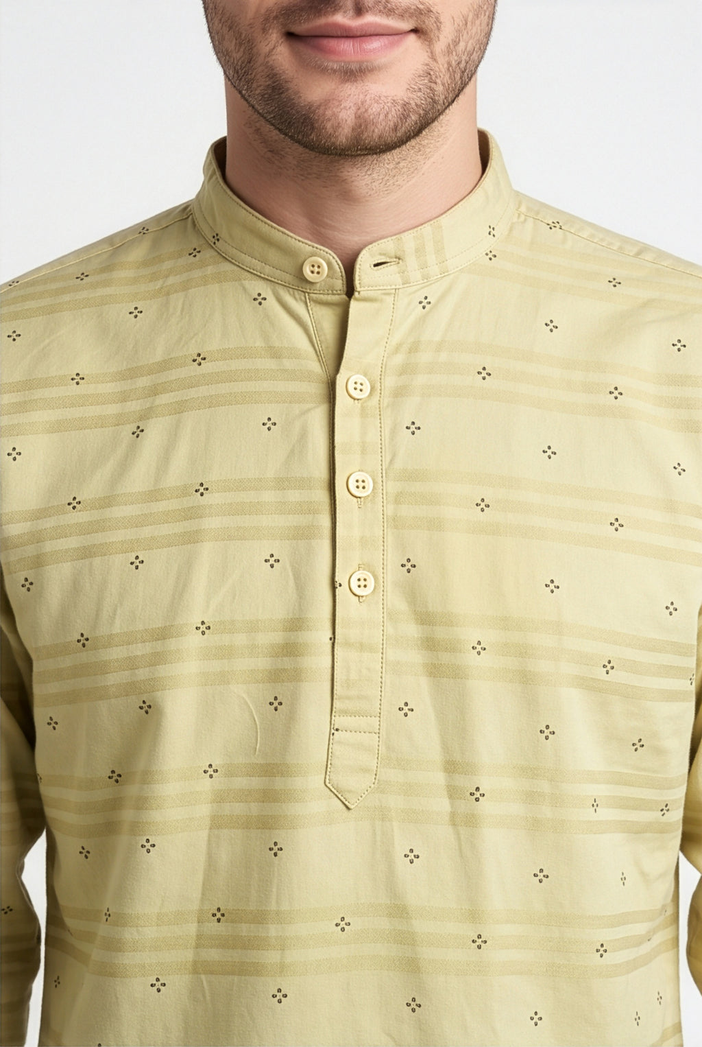 Pale yellow floral printed short kurta, three-quarter view