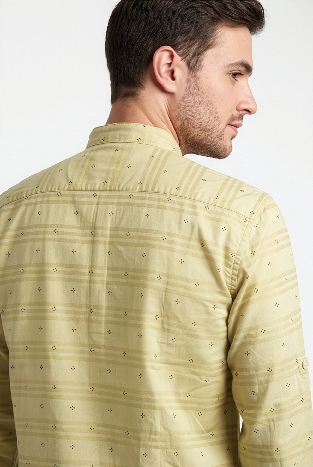 Pale yellow floral printed short kurta, collar and print detail