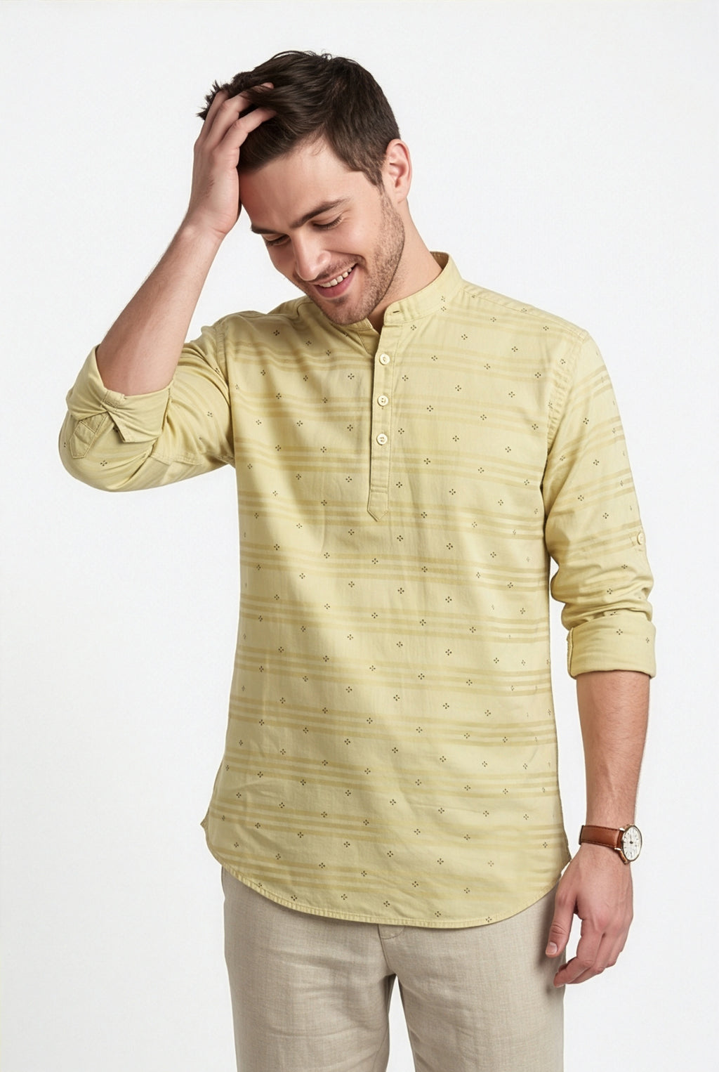 Pale yellow floral printed short kurta, back view