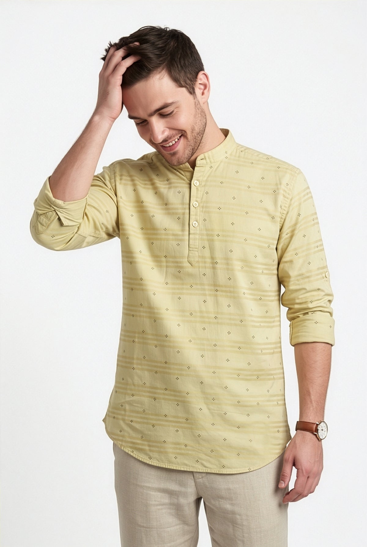 Pale yellow floral printed short kurta, back view