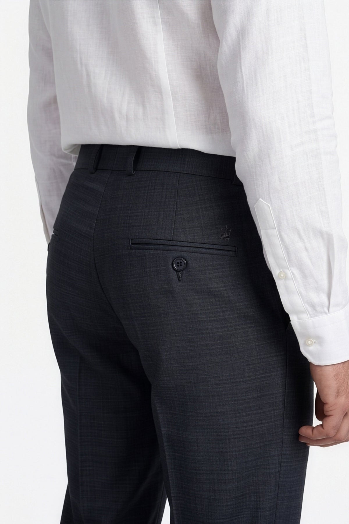 Calcani Men's Formal Pant Midnight Slate Navy – Back Pocket with Calcani Trident Crown Logo Detail