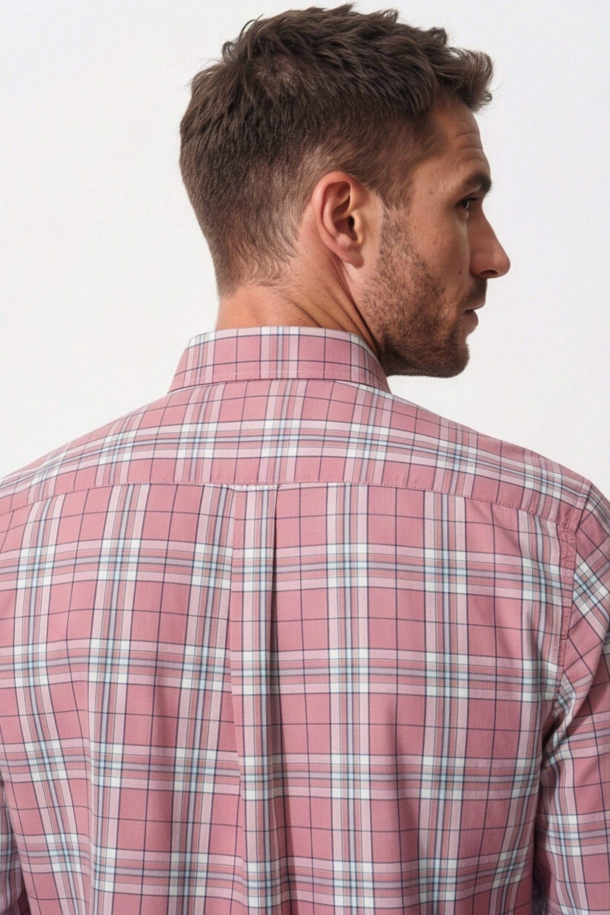 Americus Men's Yarn Dyed Check Shirt Dusty Rose Madras Check – Back Close Up Collar and Yoke