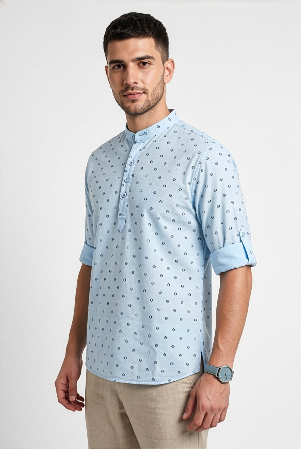 Light blue printed short kurta, three-quarter view