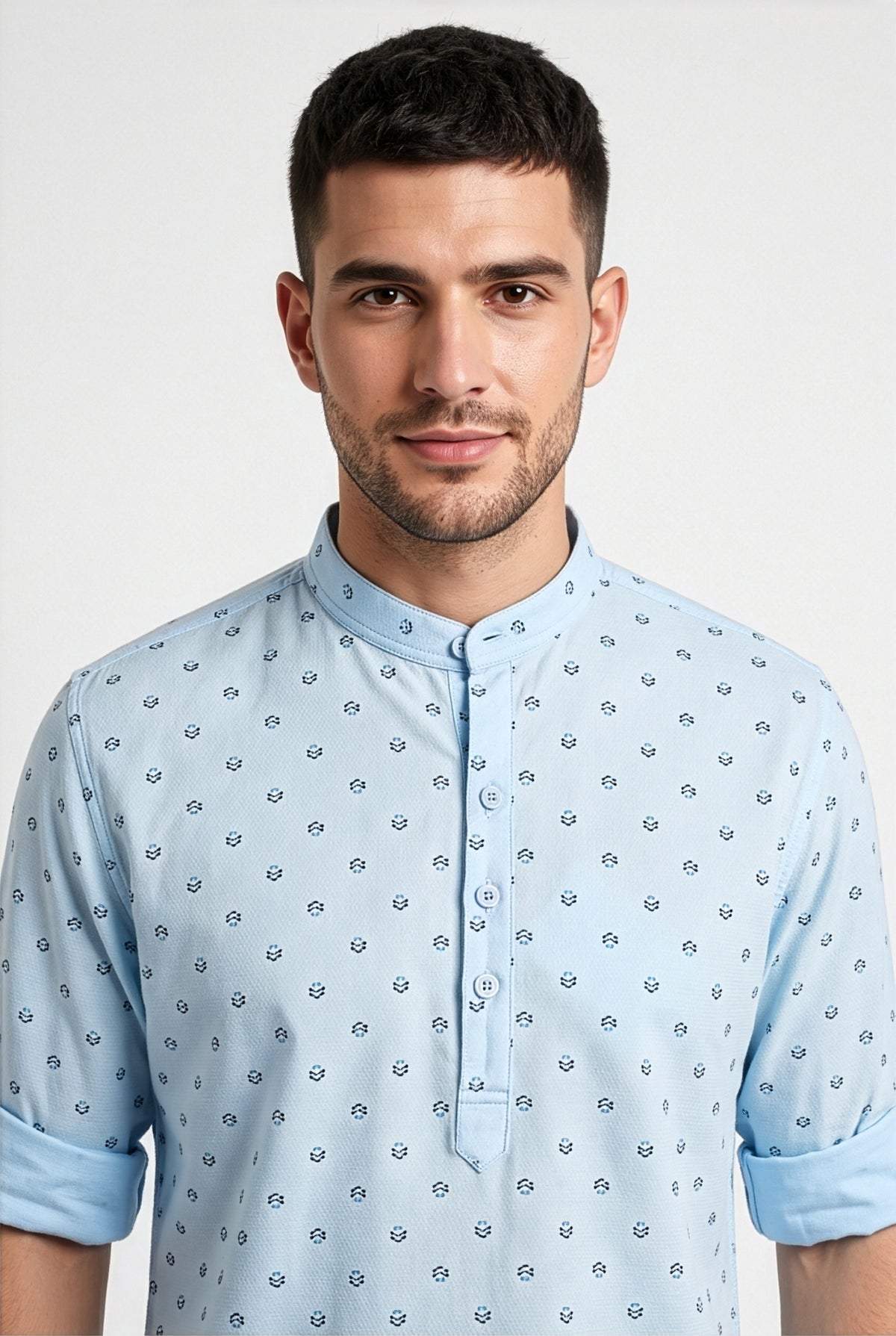 Light blue printed short kurta, collar and print detail