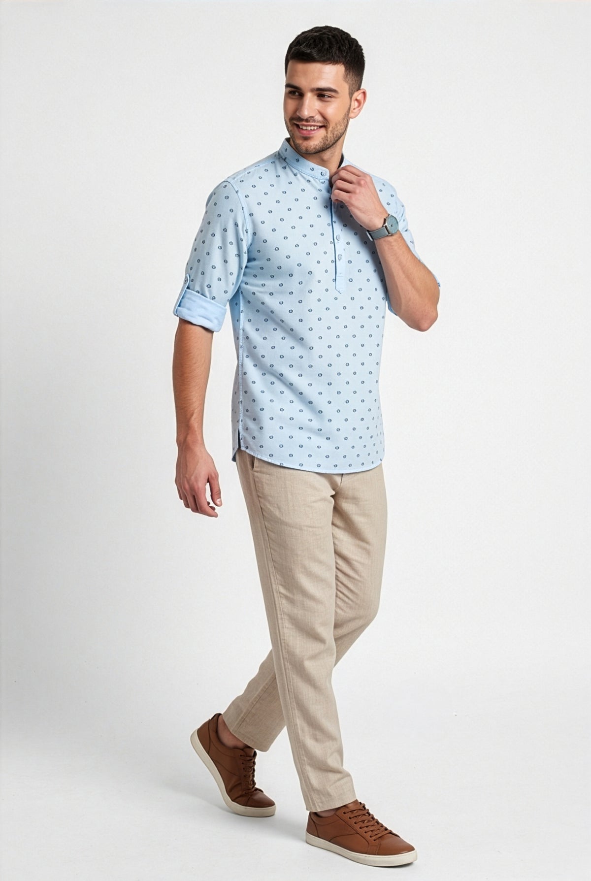 Light blue printed short kurta, back view