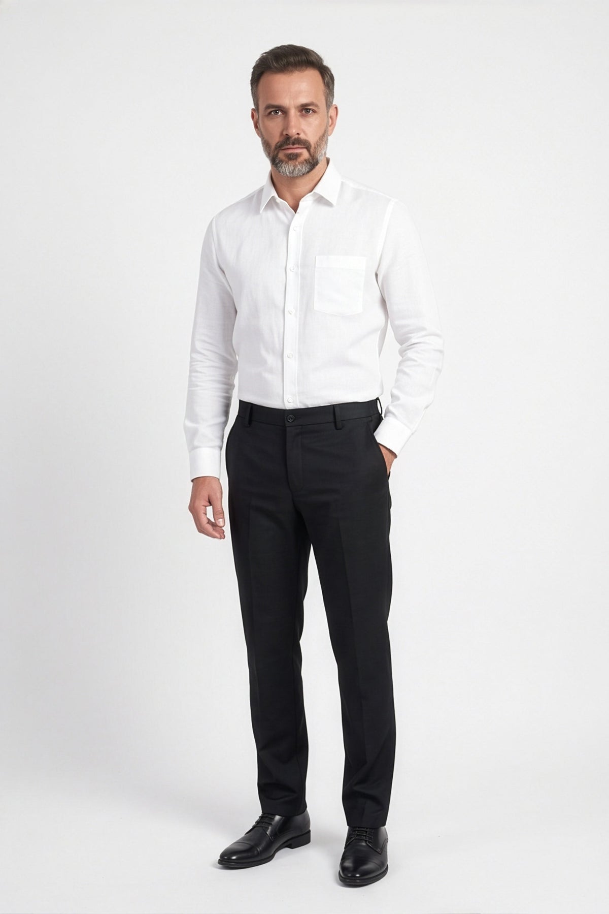 Calcani Men's Trouser Jet Black – Full Length Front View with White Shirt and Black Oxfords