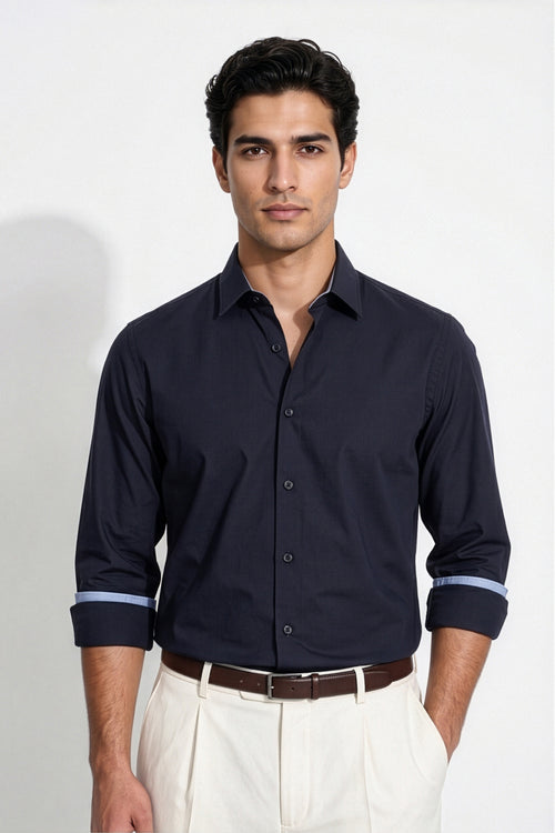 Americus Men's 80's Fine Cotton Plain Shirt Navy Blue – Back Close Up