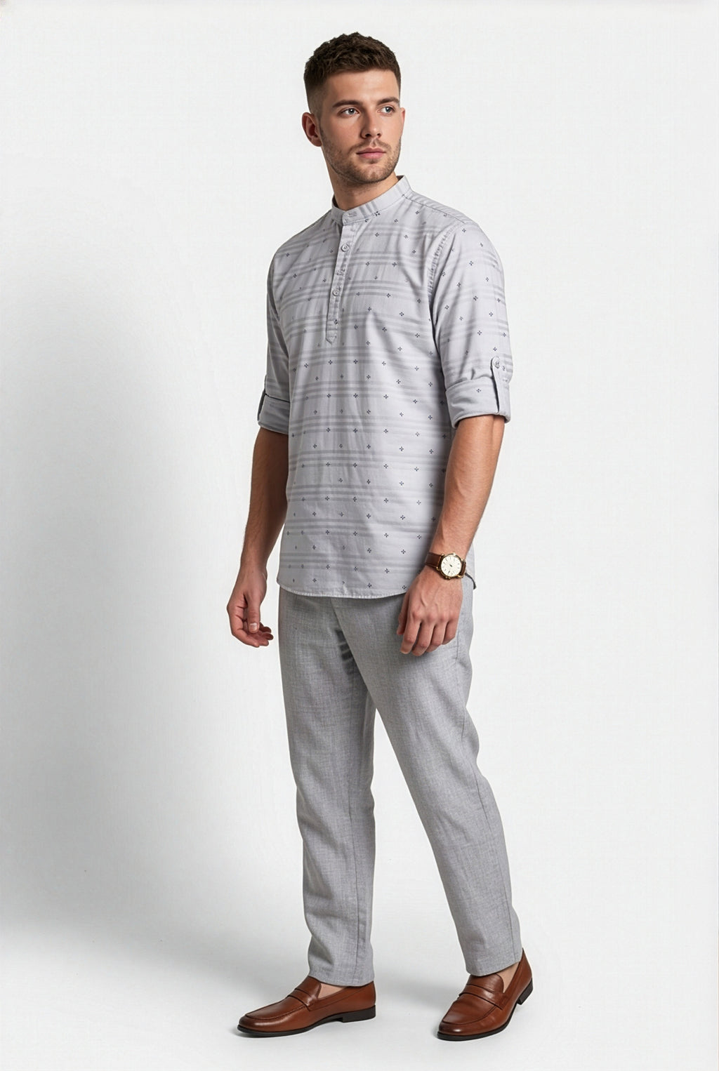 Light grey printed short kurta, back view
