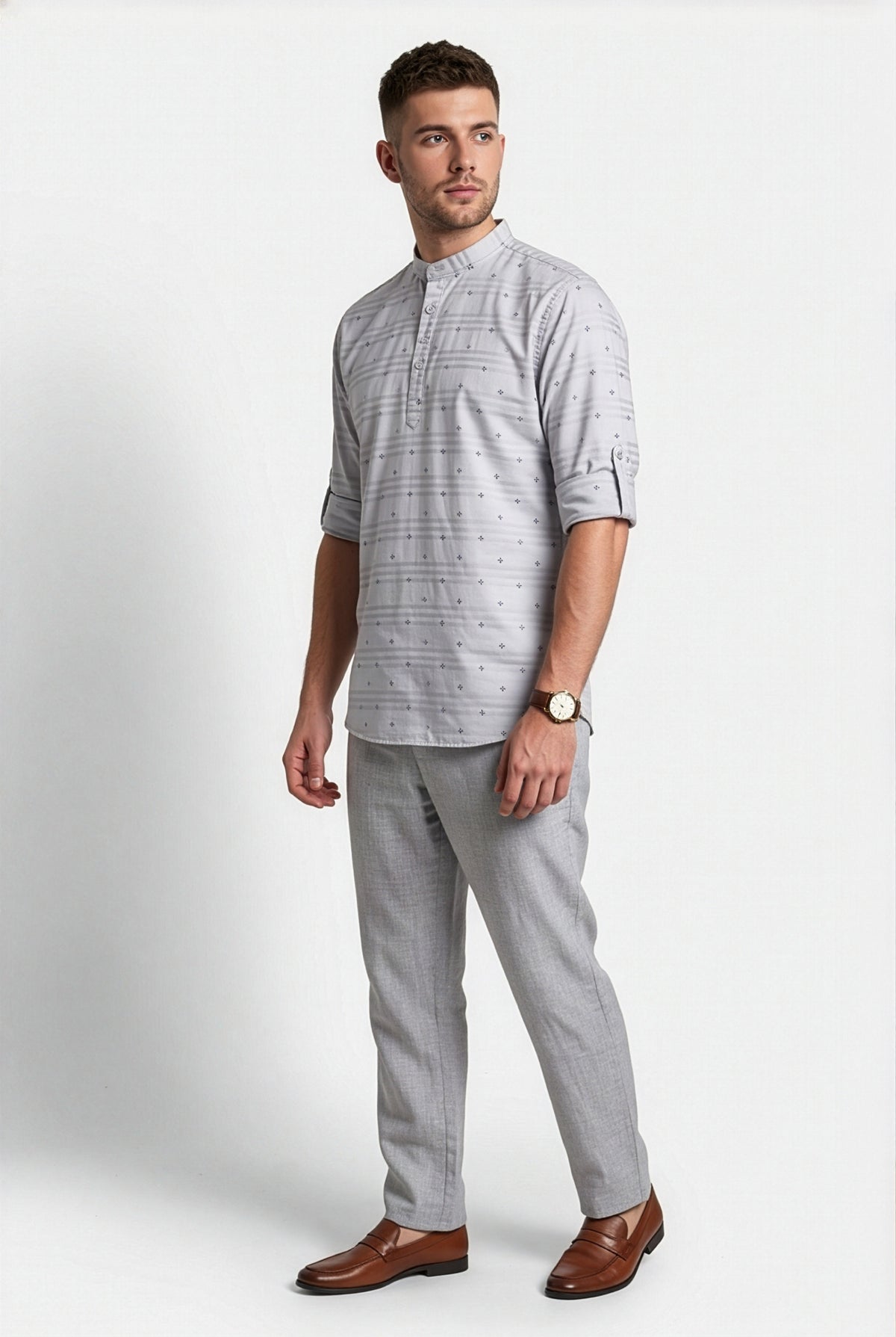 Light grey printed short kurta, back view
